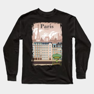 Paris Skyline Travel Poster Minimal Vintage Style Long Sleeve T-Shirt